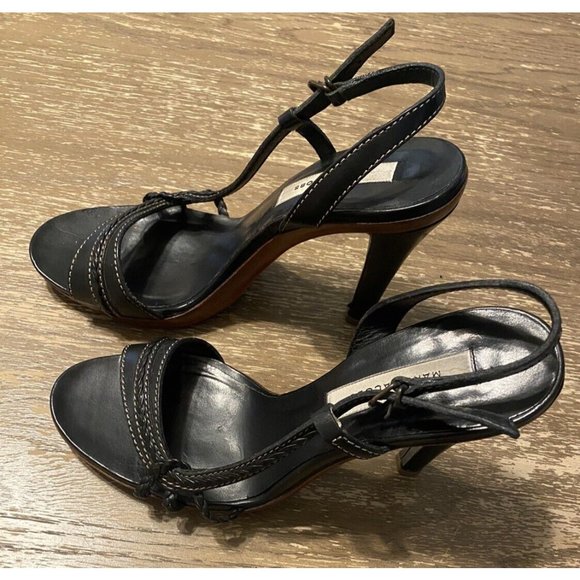 Marc Jacobs Open Toe Black Sling Back Leather White Top Stitch Heel Sz 39.5 VTG - Picture 2 of 8